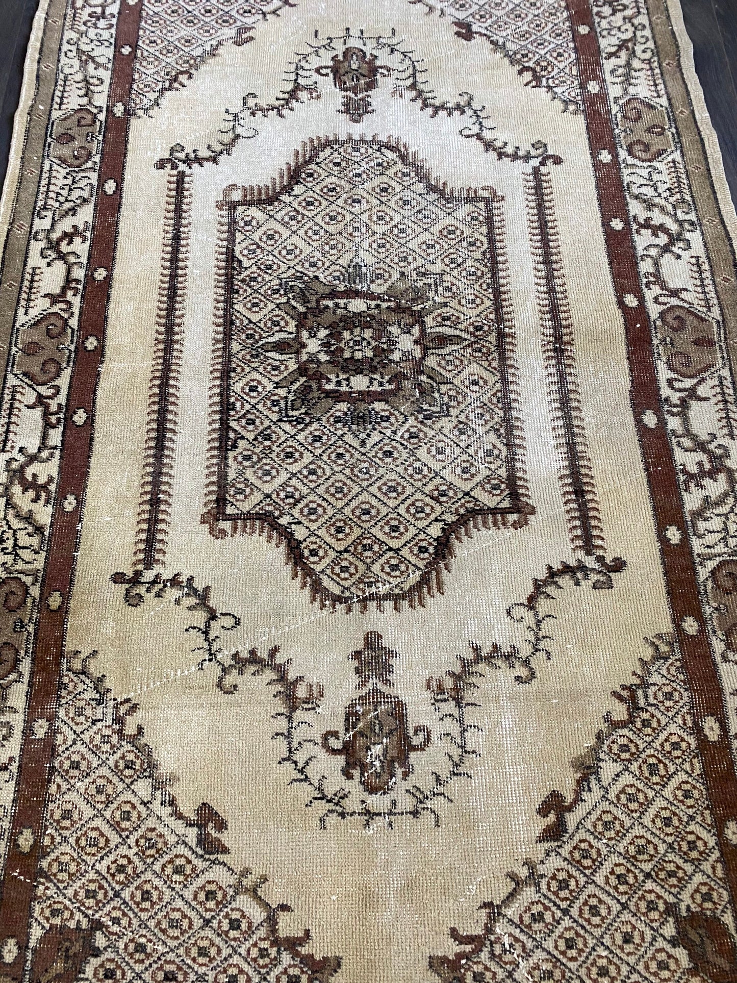 3.9x6.7 Medium Vintage Beige Turkish Oushak Wool Rug- Heritage and Rugs