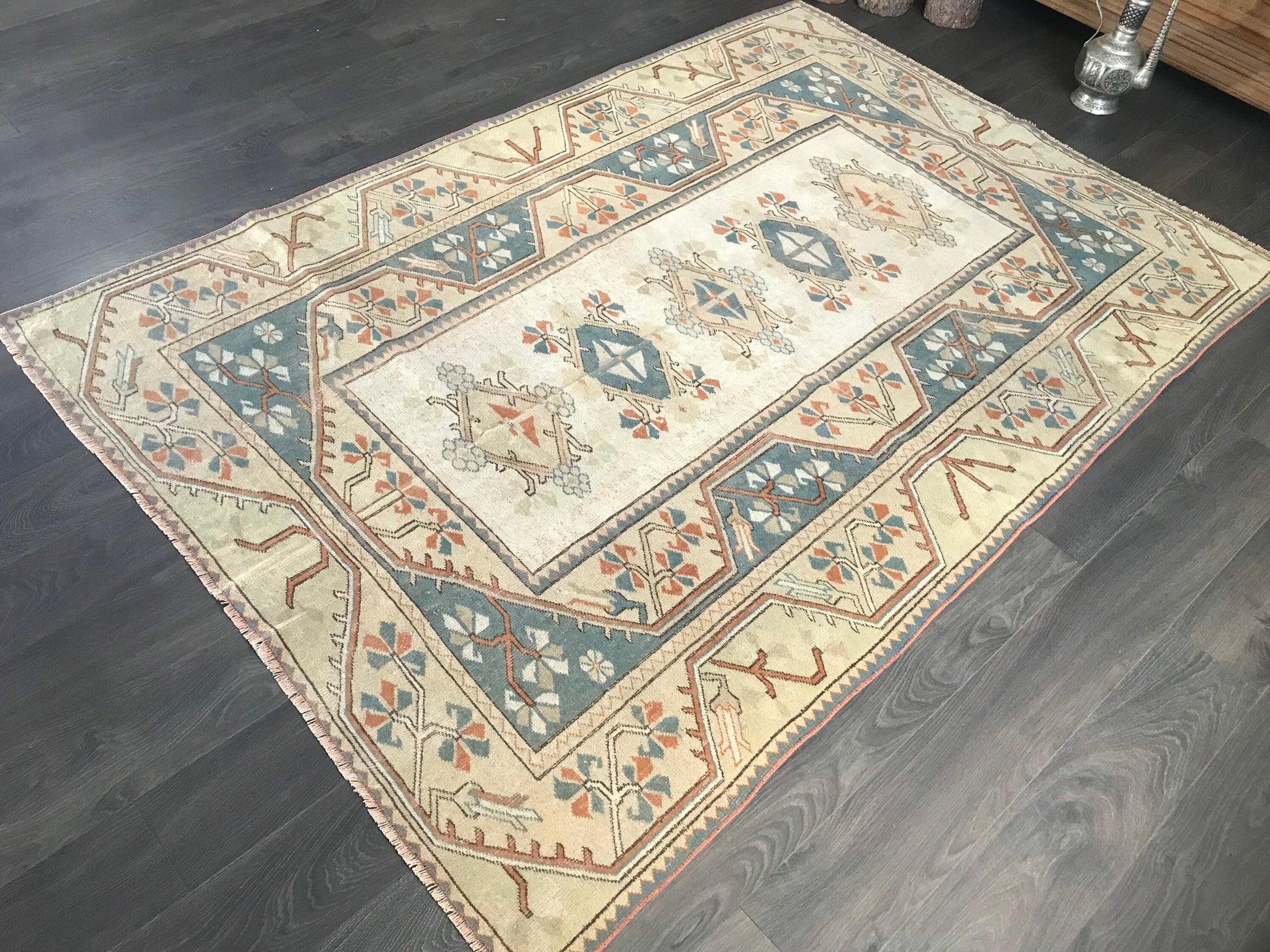 Blue Beige Area Rug , Large Turkish Rug , Large Vintage Rug, Handvoven Oriental Rug , Wool Anatolian Rug , Distressed Rug , 5.1x7.3 Ft - Heritage and Rugs