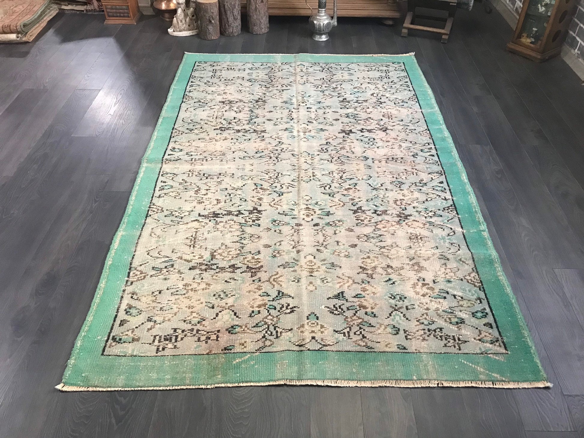 5.2x7.8 Large Vintage Green Turkish Oushak Rug - Heritage and Rugs