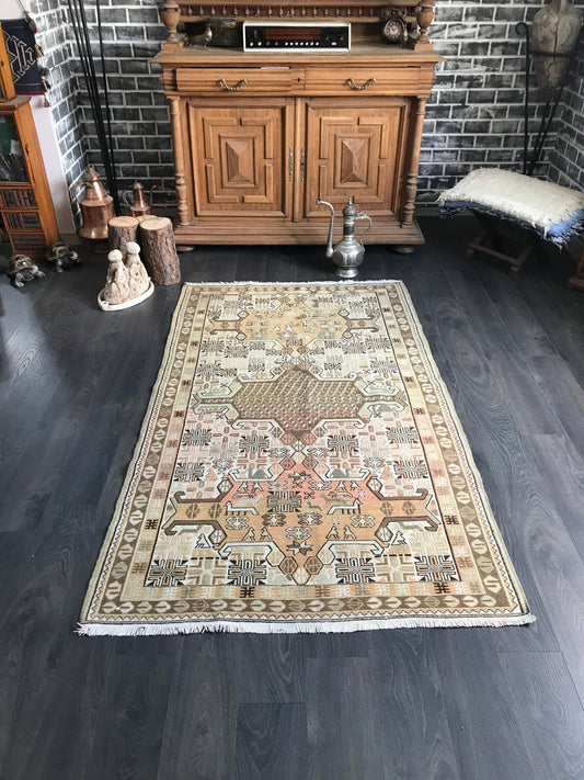 3.8x6.4 Medium Vintage Turkish Oushak Wool Rug