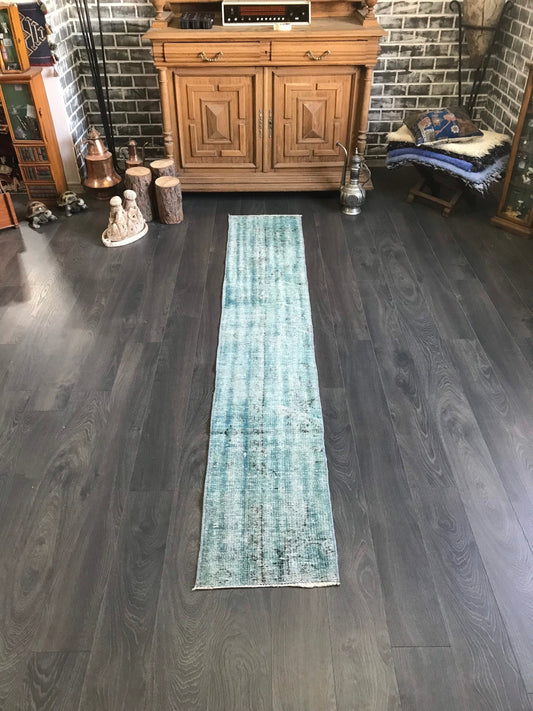 Blue Patchwork Rug , Patchwork Runner Rug, Overdyed Rug , Distressed Rug, Patchwork Rug, Wool Cotton Rug , Entry Rug, Vintage Rug, 1.4x8.3 - Heritage and Rugs