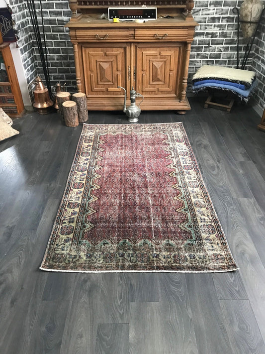 Handmade Vintage Rug, Oriental Turkish Rug, Wool Cotton Rug, Burgundy Oushak Rug, Burgundy Floor Rug, Turkey Floor Rug, Area Rug, 3.7x6.5 Ft - Heritage and Rugs