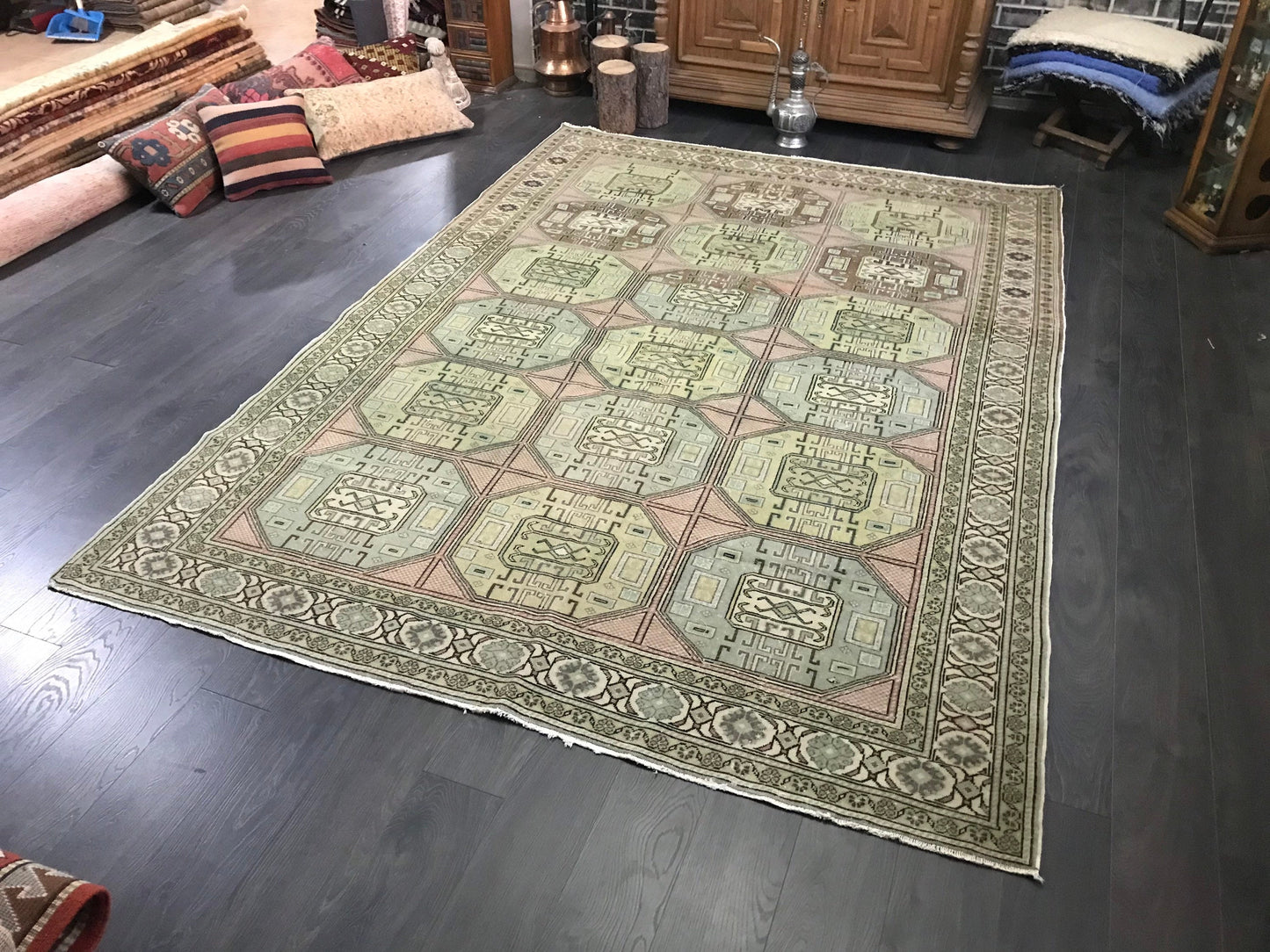 Large Vintage Rug, Wool Turkish Rug, Oriental Turkish Rug, Traditional Rug, Handmade Rug, Livingroom Rug, Beige Green Pink, 6.5x9.3 Ft - Heritage and Rugs