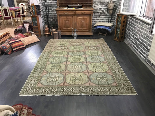 Large Vintage Rug, Wool Turkish Rug, Oriental Turkish Rug, Traditional Rug, Handmade Rug, Livingroom Rug, Beige Green Pink, 6.5x9.3 Ft - Heritage and Rugs