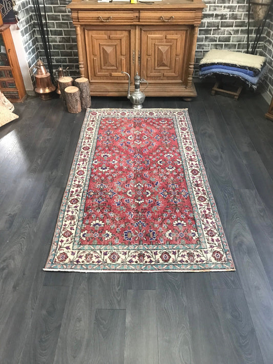 Red Vintage Rug, Red Turkish Rug, Red Floor Rug, Handmade Area Rug, Wool Turkey Rug, Red Oushak Rug, Boho Home Decor Rug, 3.6x6.9 Ft - Heritage and Rugs