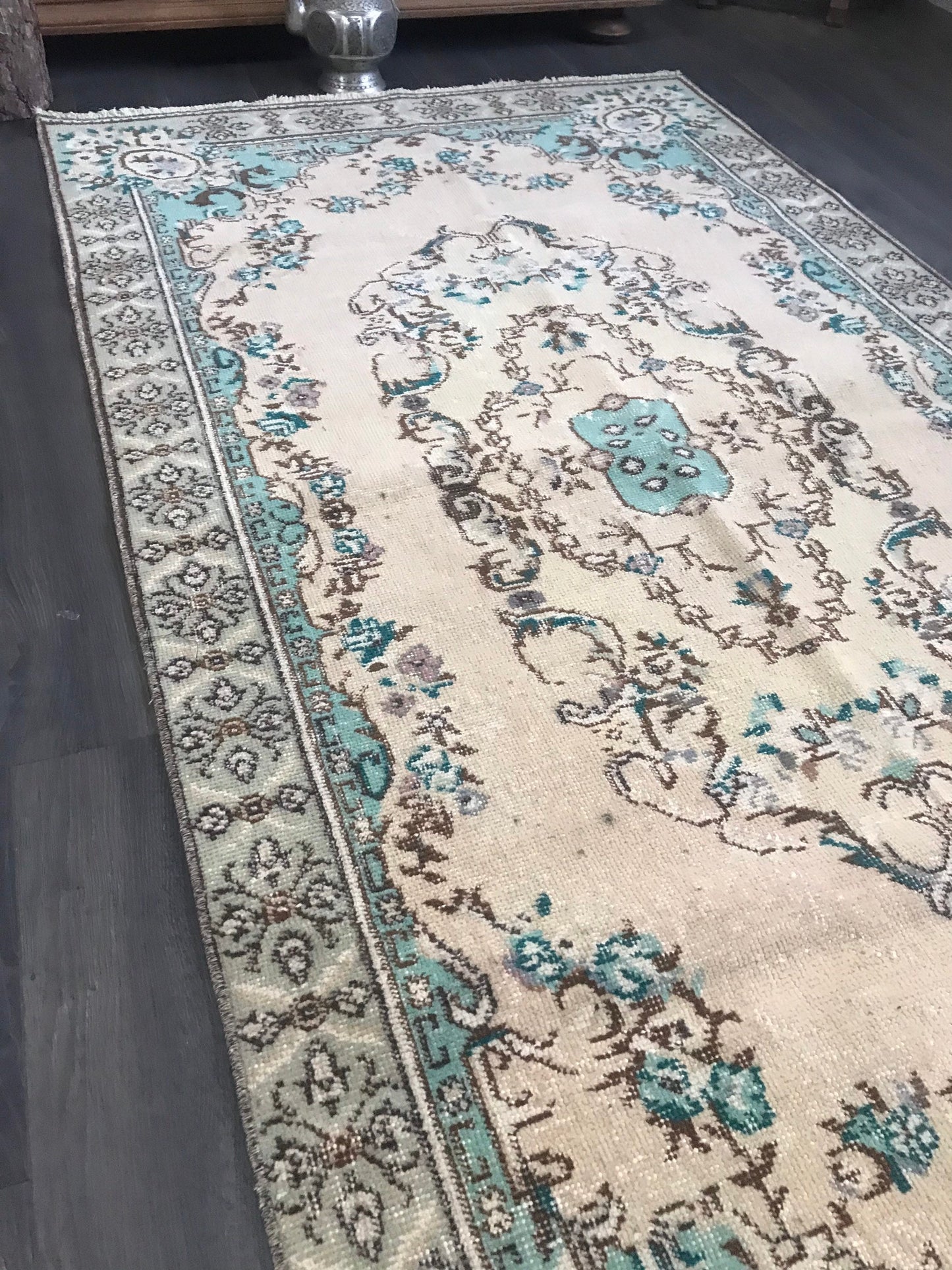 Vintage Turkish Rug, Oriental Turkish Rug, Handmade Area Rug , Turkey Floor Rug, Green Vintage Rug, Green Area Rug, Oushak Rug, 4.0x7.5 Ft - Heritage and Rugs