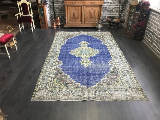 Large Antique Rug, Vintage Turkish Rug, Blue Handmade Rug, Oriental Distressed Rug, For Livingroom Rug, Turkey Floor Rug, 5.9x9.9 Ft - Heritage and Rugs