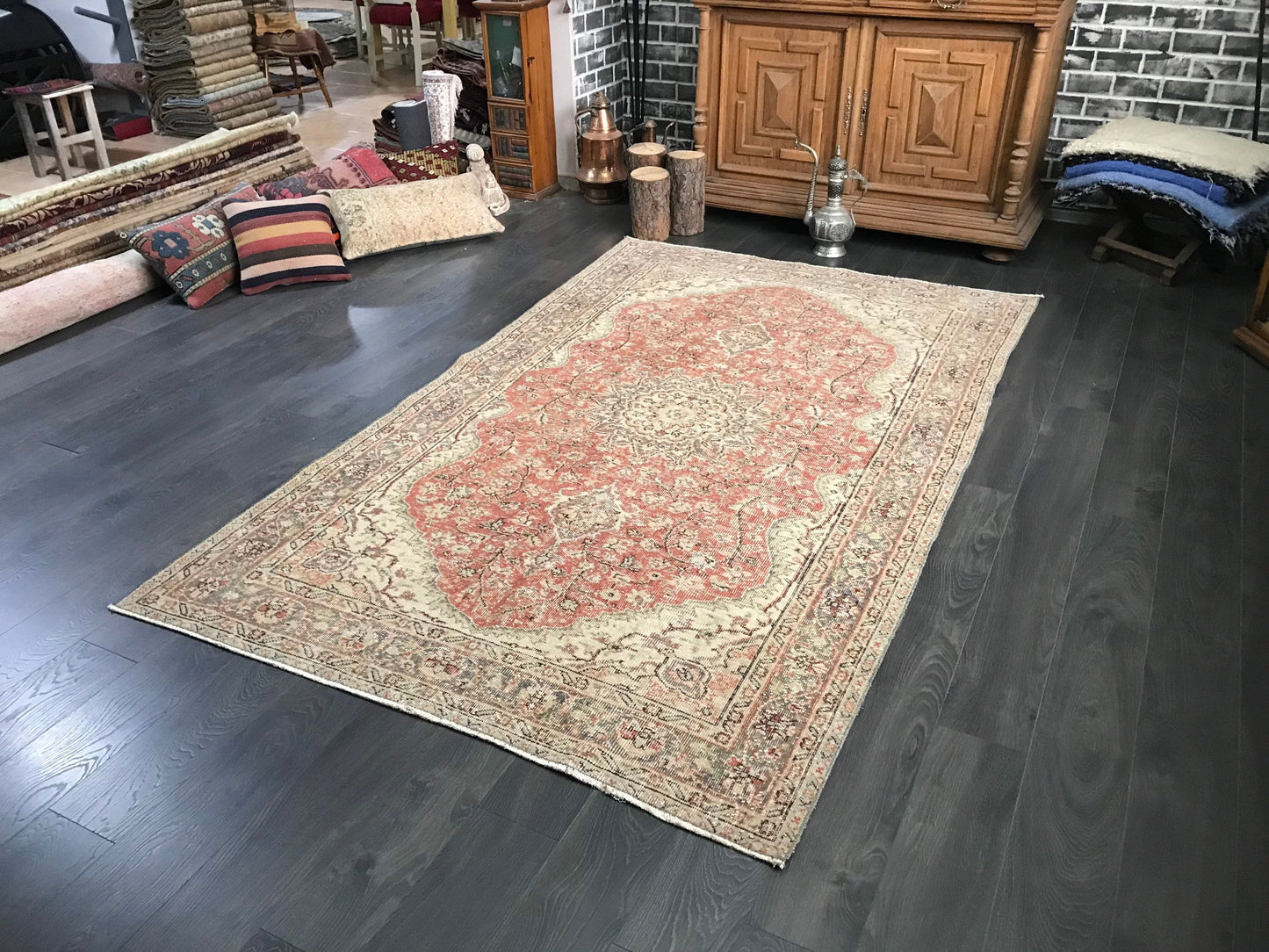 5x8.3 Large Vintage Red Turkish Oushak Wool Rug