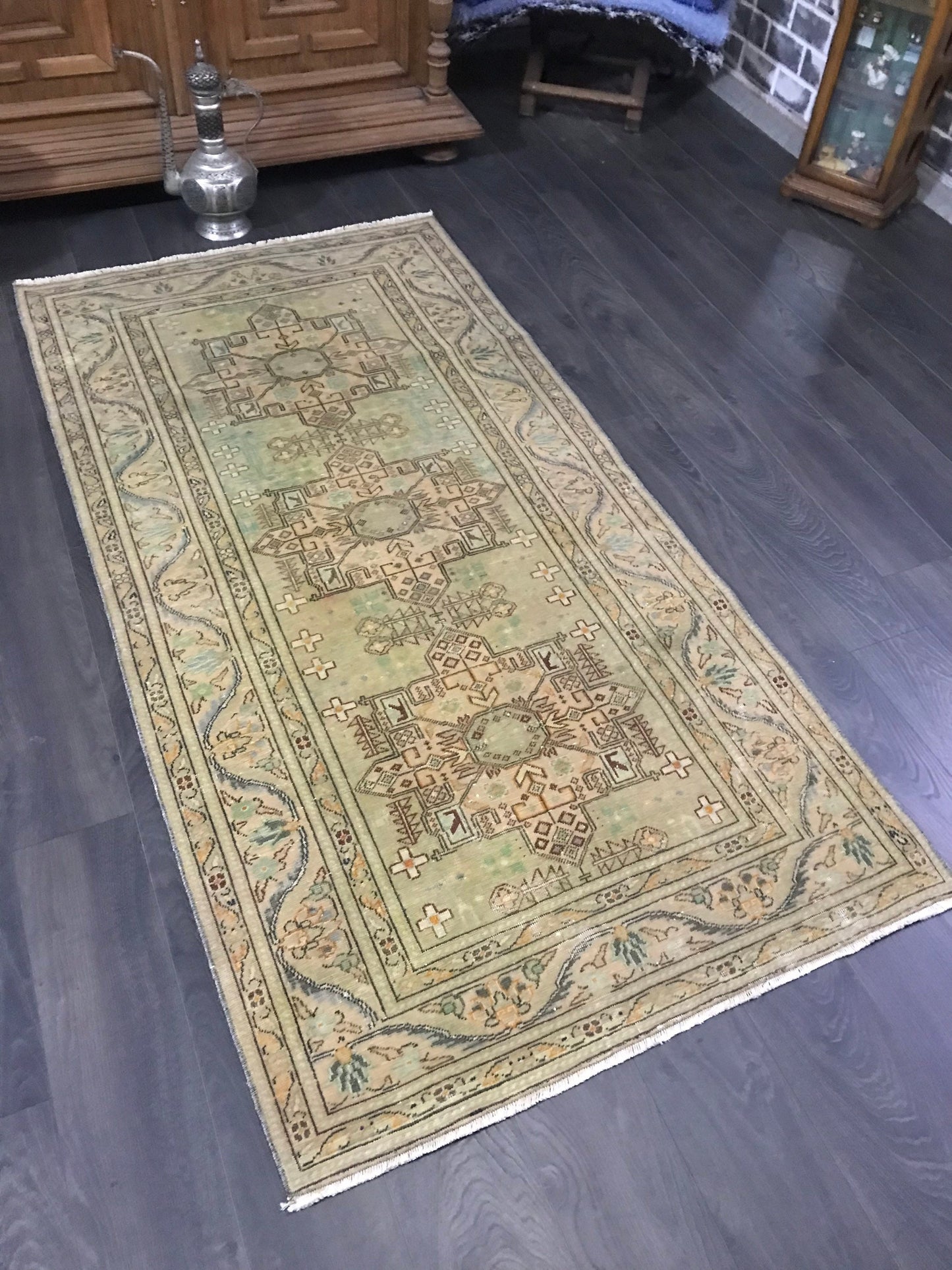 Turkish Area Rug , Vintage Oushak Rug, Handmade Wool Rug, Oriental Anatolian Rug, Green Antique Rug, Green Floor Rug, 3.1x6.2 Ft - Heritage and Rugs