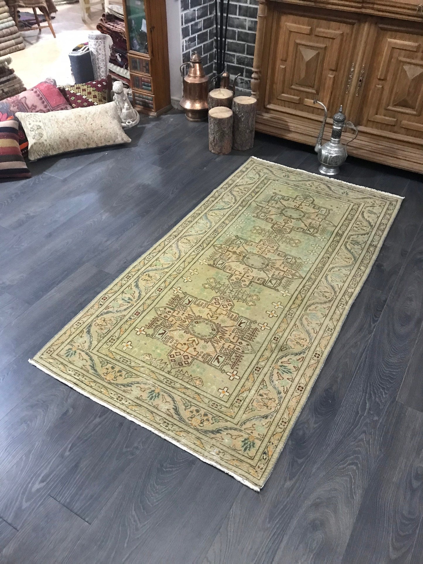 Turkish Area Rug , Vintage Oushak Rug, Handmade Wool Rug, Oriental Anatolian Rug, Green Antique Rug, Green Floor Rug, 3.1x6.2 Ft - Heritage and Rugs