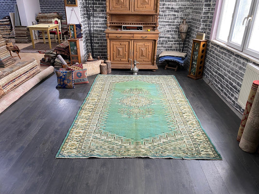 6.2x9.5 Large Vintage Green Turkish Oushak Wool Rug - Heritage and Rugs