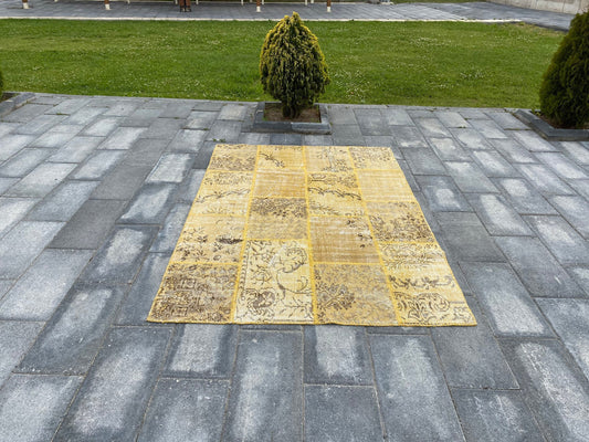 Yellow Patchwork Rug / Large Patchwork Rug / Vintage Patchwork Rug / Handmade Rug / Large Yellow Rug / Overdyed Rug / 5.2x7.6 Ft/ Boho Rug - Heritage and Rugs