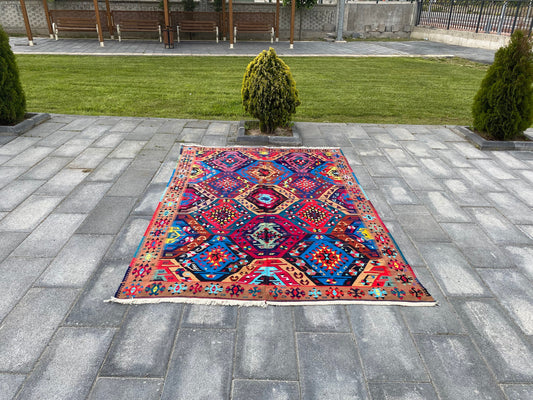 5.9x8.7 Large Vintage Colorful Turkish Oushak Wool Rug - Heritage and Rugs