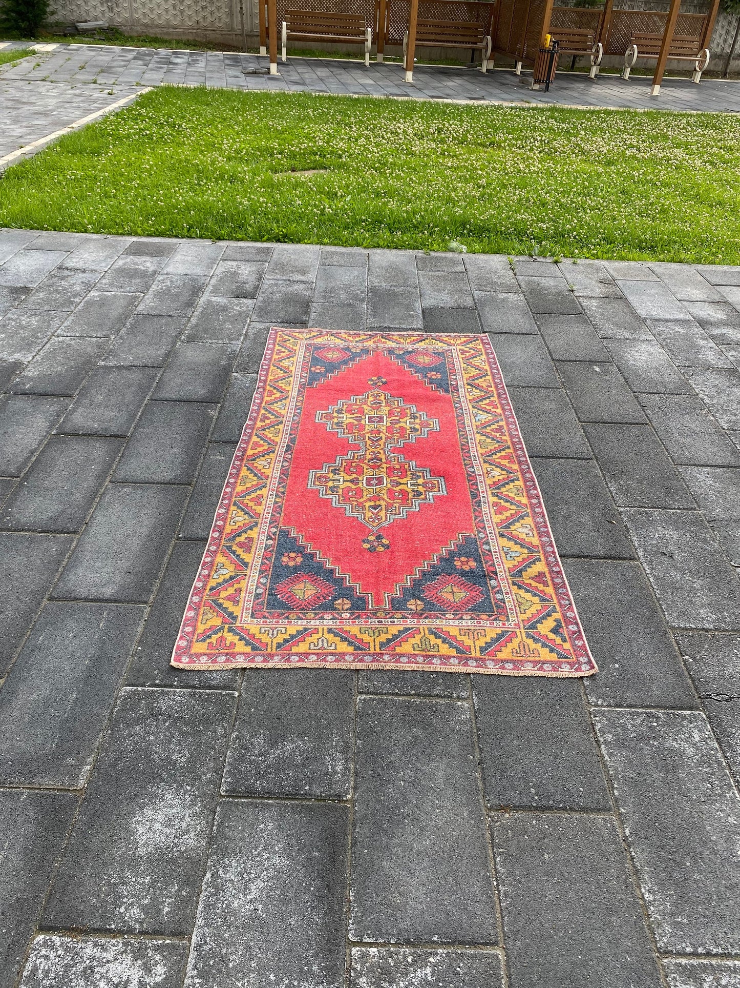 Red Turkish Rug / Vintage Red Rug , Large Oushak Rug / Oriental Rug / Red Kitchen Rug / Unique FarmHouse Rug / Vintage Area Rug/ 3.7x7.2 Ft - Heritage and Rugs