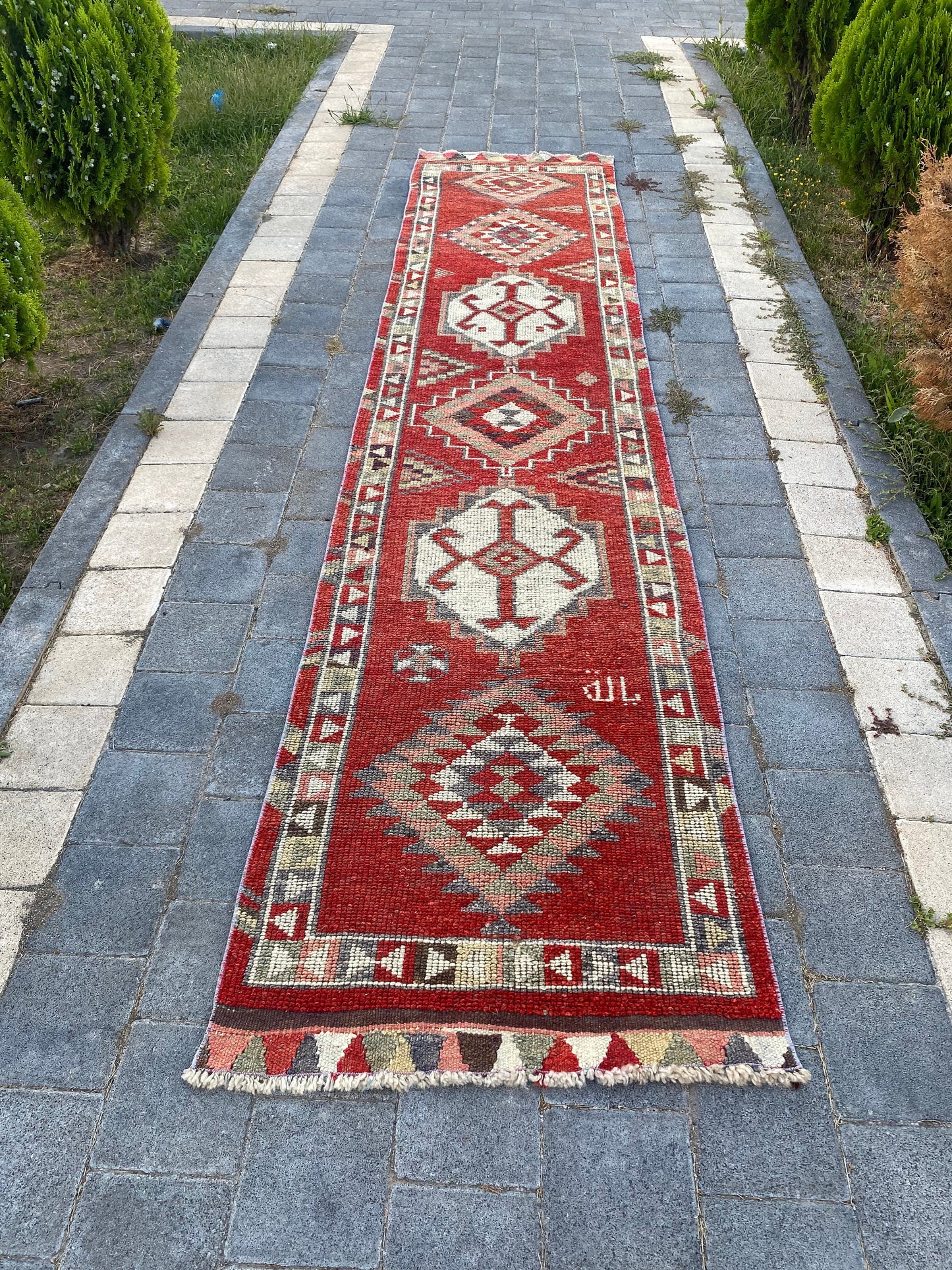 Mysterious motifs Handcrafted Persian rug - vintage Turkish Rug - turkish area rug - Persian Runner rug - Unique 2.6 x 12.2 Ft , Red Persian - Heritage and Rugs