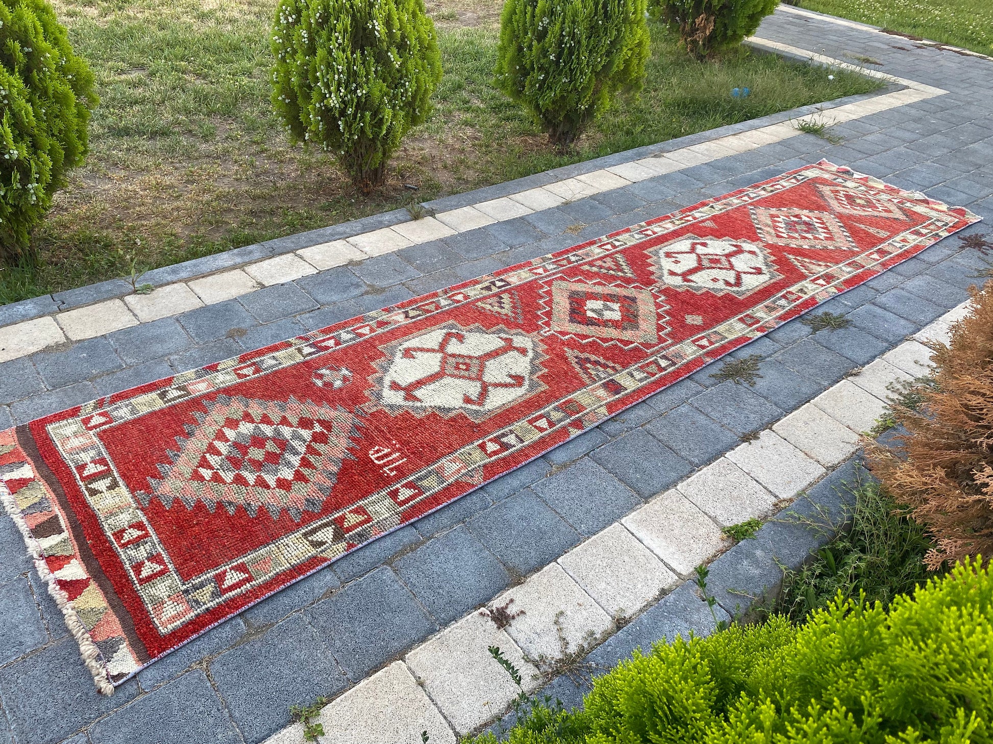 Mysterious motifs Handcrafted Persian rug - vintage Turkish Rug - turkish area rug - Persian Runner rug - Unique 2.6 x 12.2 Ft , Red Persian - Heritage and Rugs