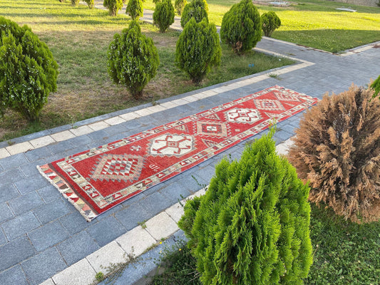 Mysterious motifs Handcrafted Persian rug - vintage Turkish Rug - turkish area rug - Persian Runner rug - Unique 2.6 x 12.2 Ft , Red Persian - Heritage and Rugs