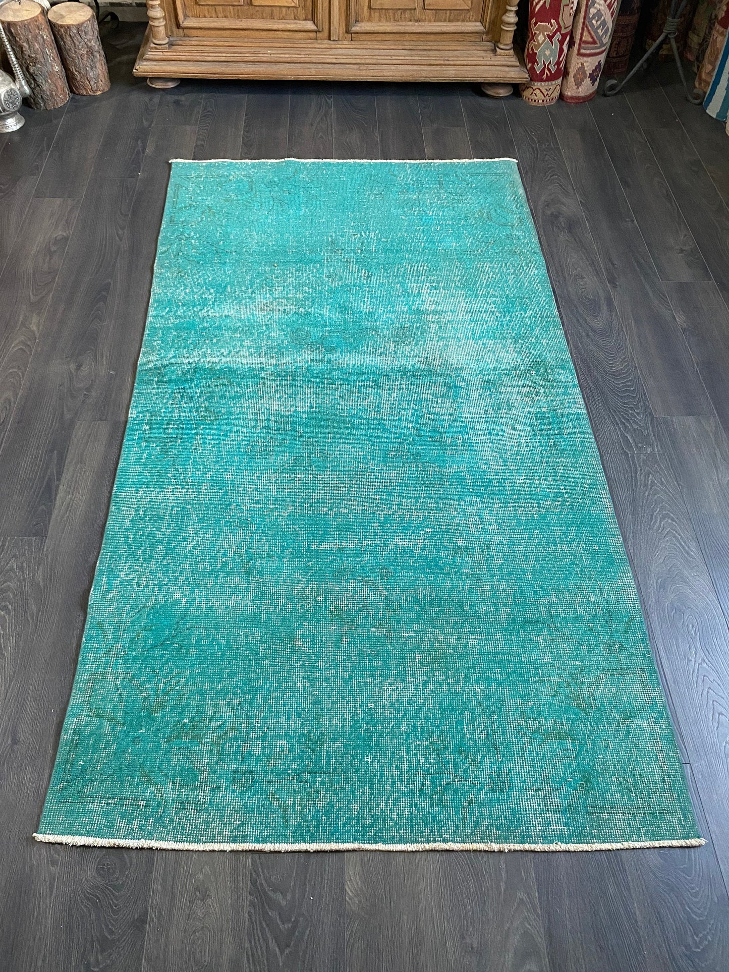 3.7x6.9 Large Vintage Green Turkish Anatolian Overdyed Wool Rug - Heritage and Rugs